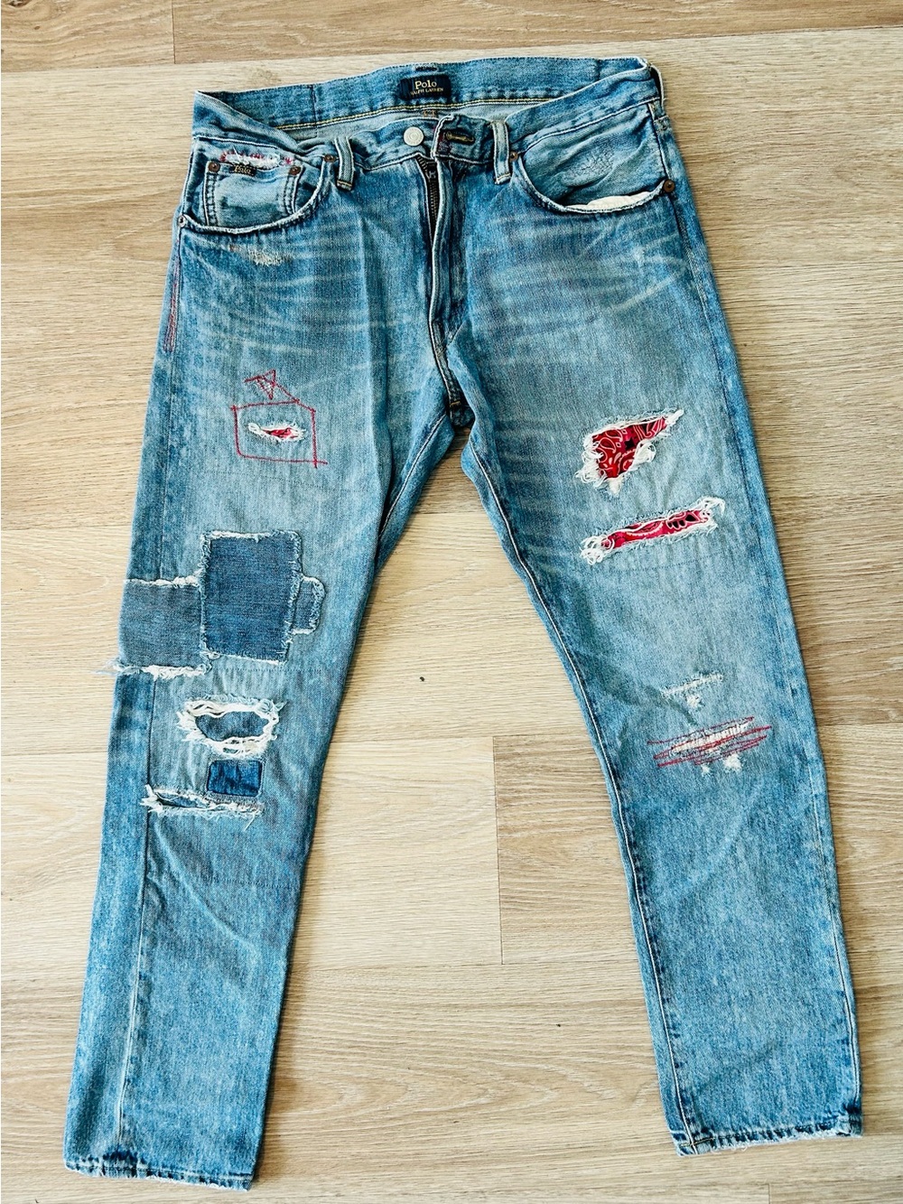 Polo Ralph Lauren Sullivan Slim Distressed Patch Light Blue Men's Jeans 30X30